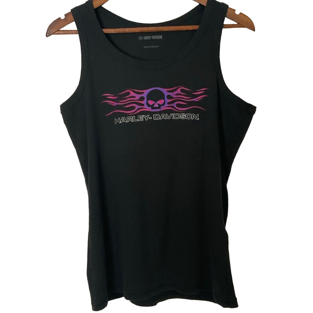 Harley-Davidson Black Ribbed Tank Top Pink Purple Skull & Flame Chest Graphic; L